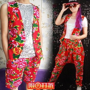 东北大花布衣服男女二人转花马甲演出服东北大秧歌服装肚兜哈伦裤
