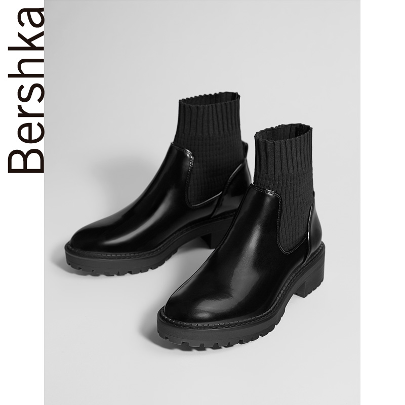 Bershka女鞋 2019春季新款黑色弹力布拼接袜靴短靴 15070331040