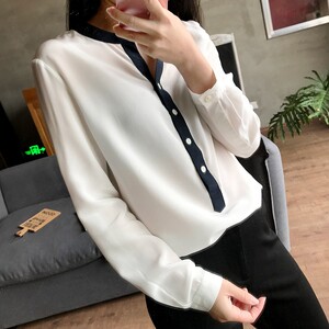 真丝长袖衬衫 桑蚕丝V领上衣 简约通勤 女士春夏装真丝衬衫