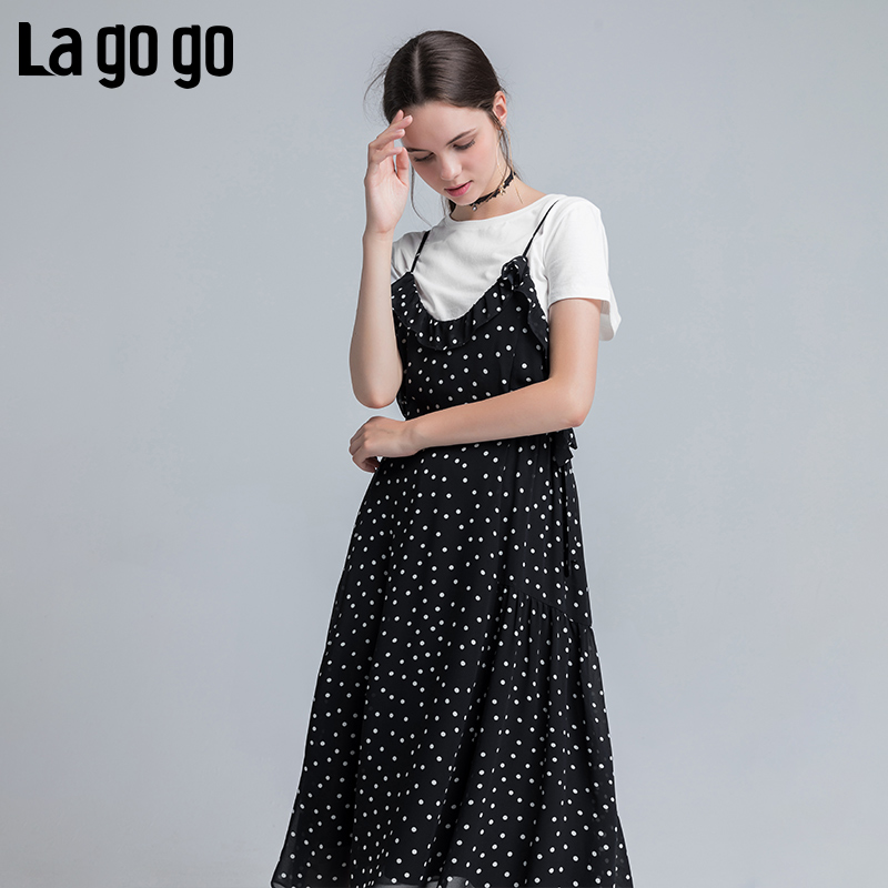 Lagogo2019夏季T恤短袖吊带雪纺连衣裙两件套女圆点印花裙子