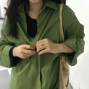 kumayes自制 2018春夏新款气质绿色宽松显瘦衬衣韩版休闲防晒衬衫女式衬衫