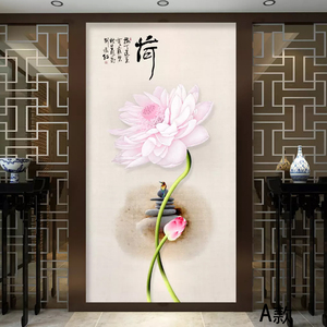 定制新中式手绘玄关墙纸茶楼壁画客厅走廊过道背景墙壁纸墙布荷花