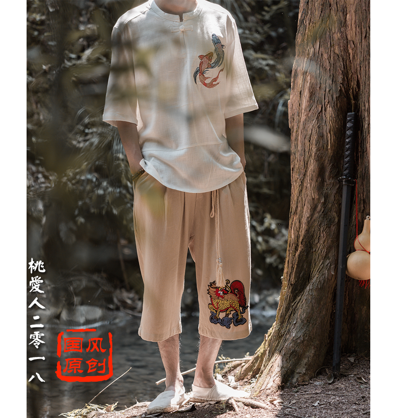 中国风刺绣男装棉麻t恤中式盘扣麻料短袖夏季立领宽松唐装亚麻T