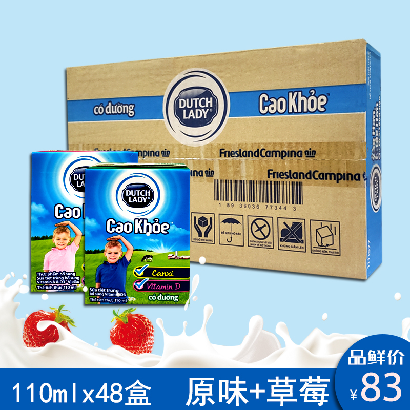 越南进口Dutch Lady荷兰子母奶48盒x110ml原味草莓味早餐甜牛奶