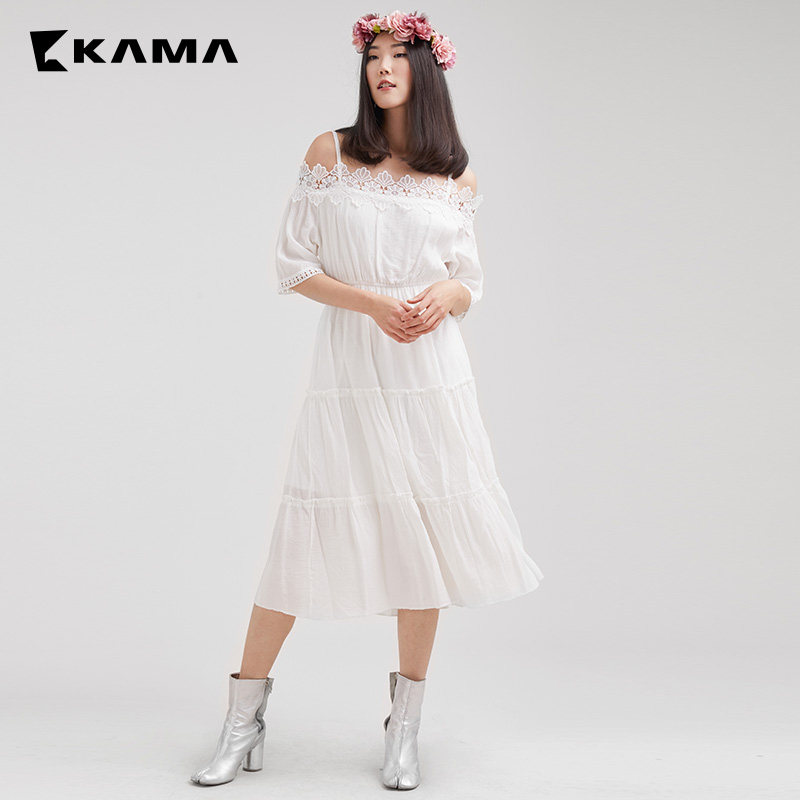 KAMA女装 卡玛夏季新款 吊带连衣裙一字肩蕾丝拼接 7218154