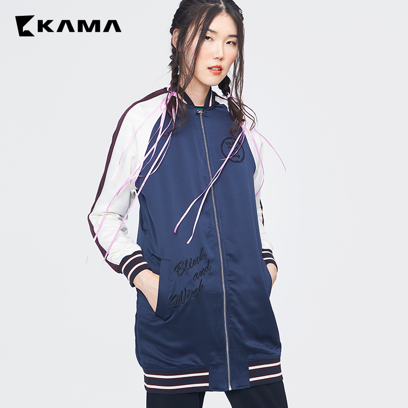 KAMA女装 卡玛秋季撞色拼接中长款休闲薄风衣外套上衣服装7317751