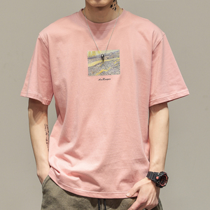 粉红色t恤男短袖韩版小清新图片