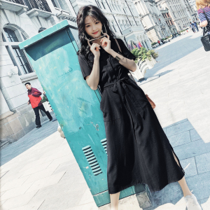 赫本长裙夏装2018新款韩版sukol裙子少女黑气质显瘦衬衫连衣裙女连衣裙