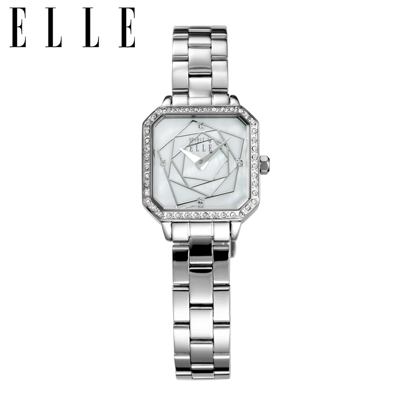 ELLE女士石英手表钢带防水时尚玫瑰印花镶钻表盘时装表情人节礼物