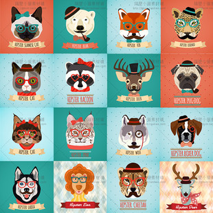 扁平化时尚动物猫狗老虎熊头像装饰画图案 eps矢量设计素材 19p