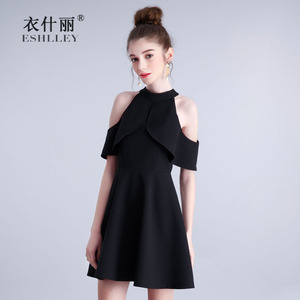 黑色名媛小香风挂脖露肩连衣裙女夏 荷叶边短袖气质修身小礼服裙