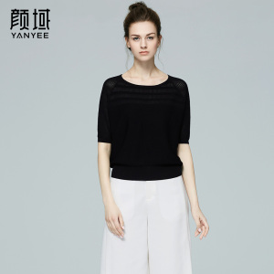 颜域品牌女装2017秋季新款时尚休闲蝙蝠袖镂空针织衫短袖T恤上衣镂空牌