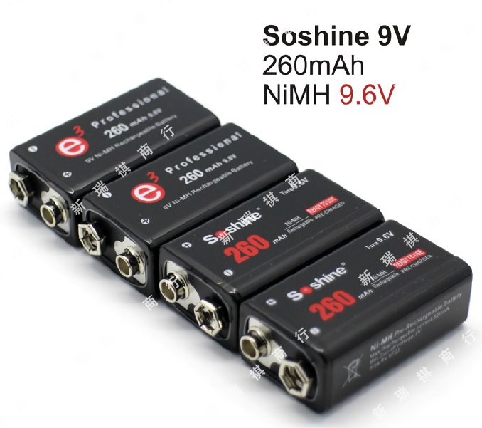 Soshine 专业级9V镍氢电池可充电池容量260毫安9.6V充满11.2V 1节