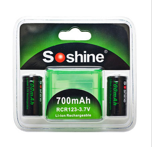 Soshine RCR123锂离子可充电池:700mAh 3.7V 价格为双节一卡装