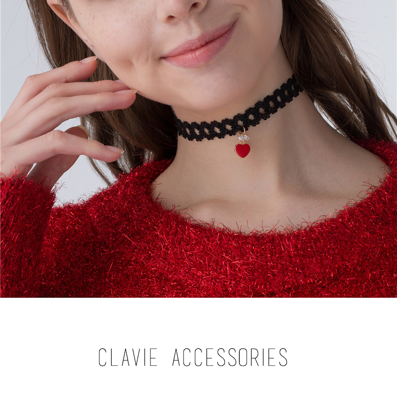 日本设计 可爱红爱心小珍珠黑色弹力弹性项圈项链choker 脖子饰品