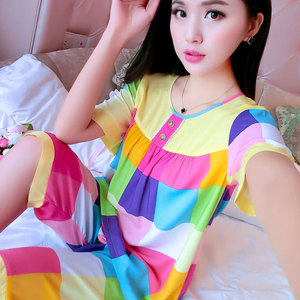 韩版夏季薄纯棉绵绸女士短袖睡衣人造棉家居服套装棉绸加肥加大码短袖睡衣