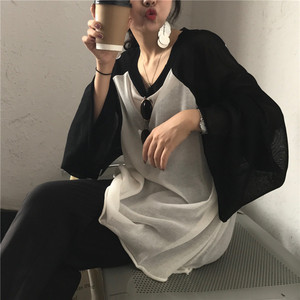 秋季女装韩版百搭撞色薄款长袖T恤针织衫宽松显瘦中长款休闲上衣杨桃