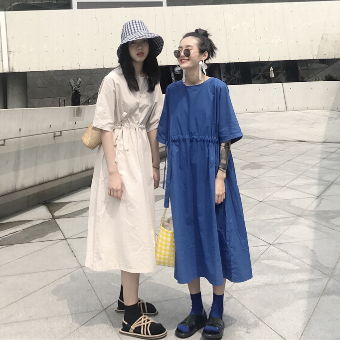 夏季韩版复古纯色短袖连衣裙女学生百搭宽松系带收腰长裙女裙子连身裙