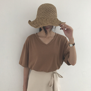夏装新款韩版基础款V领纯色百搭宽松短袖t恤女显瘦简约打底衫上衣