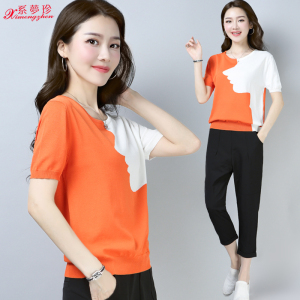 夏季韩版女装新款桑蚕丝短袖t恤女宽松显瘦拼色冰丝上衣针织衫潮女装短袖