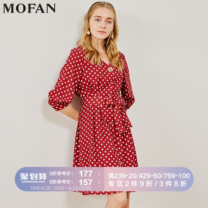 MOFAN2018秋季新款波点连衣裙中长款V领蝴蝶结收腰显瘦七分袖裙子