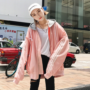 秋装女装韩版bf宽松条纹袖子棒球服百搭长袖薄款连帽外套开衫学生杨桃