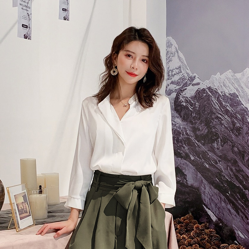 艾夫斯白色雪纺衬衫女韩版V领宽松设计感小众气质2019春款上衣潮