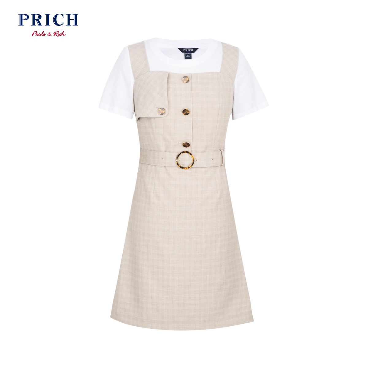 PRICH女装2019年夏季新款时尚简约圆领短袖 背带连衣裙PROW92561M