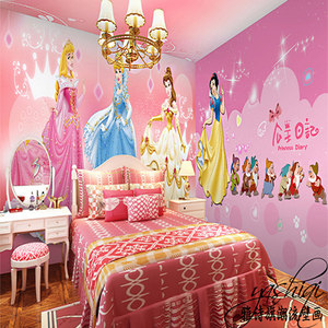 儿童房卡通主题3d大型壁画白雪公主女孩卧室背景墙纸壁纸粉色温馨
