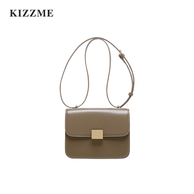 KIZZME2019新款女包牛皮豆腐包复古box单肩斜挎锁扣小方包