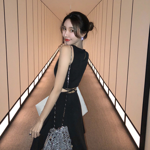 openlady 黑色露腰连衣裙女 气质修身显瘦聚会小心机赫本小黑裙夏连衣裙