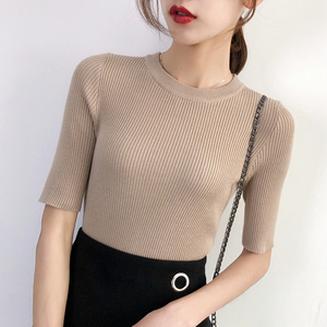 短袖打底衫女短款套头低圆领纯色上衣薄毛衣中袖修身五分袖针织春针织衫女