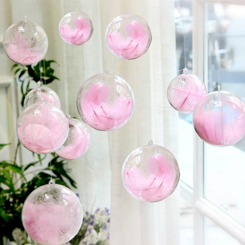 新款羽毛开业圣诞塑料圆透明橱窗悬挂透明球悬挂式手机店吊球。