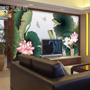 荷花背景墙画布花鸟电视背景定制墙纸画客厅大气壁纸画定制新中式