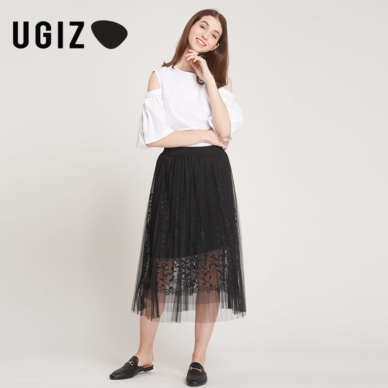 UGIZ2019春装新款女装韩版气质花纹蕾丝透视半身裙女UDKB301-7