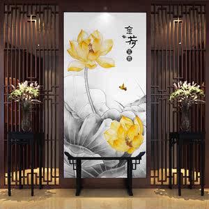 3d立体玄关壁画走廊过道墙纸装饰画竖版高清中式背景壁纸手绘莲花