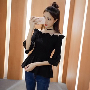 搭上衣褶皱一字领衬衣露肩喇叭长袖衬衫女爱衣服iefmg/爱依服美迹