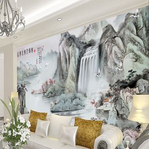中式古典诗词水墨瀑布山水风景国画沙发电视背景墙布壁纸墙纸壁画