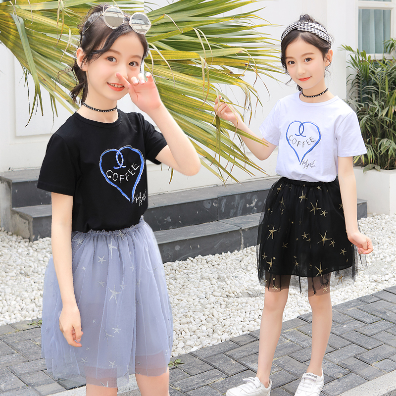 女童套装夏季2019新款韩版中大童夏装网纱裙时髦洋气短袖两件套潮