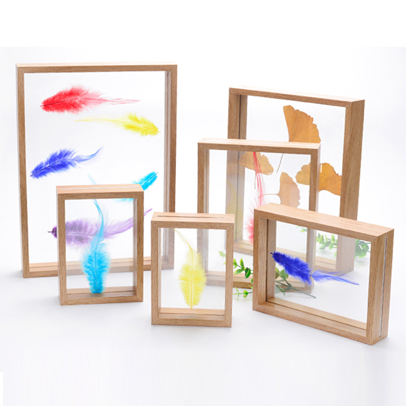 创意双面玻璃植物标本相框 原木色立体画框 装饰相框摆台