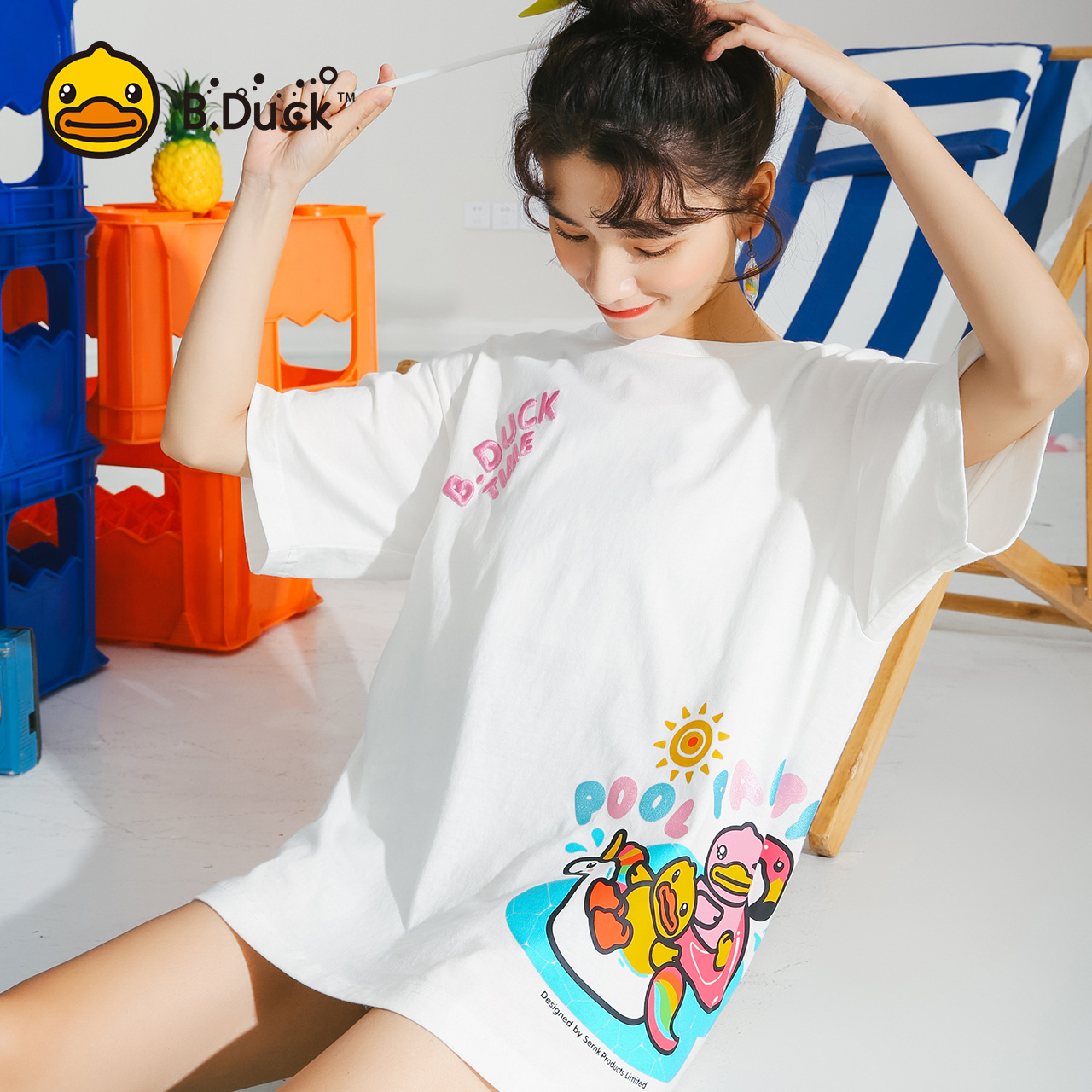 B.Duck小黄鸭女装2019夏装新款度假风印花宽松短袖白色T恤女韩版