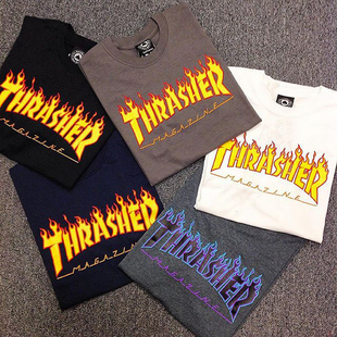 潮叁美版thrasher flame tee滑板红蓝日版火焰短袖t恤男女情侣tee