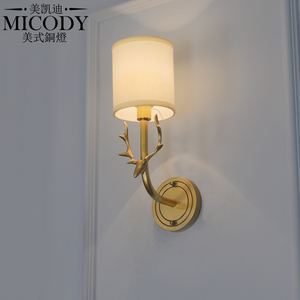 全铜美式乡村复古客厅灯具北欧创意纯铜卧室床头过道楼梯鹿角壁灯