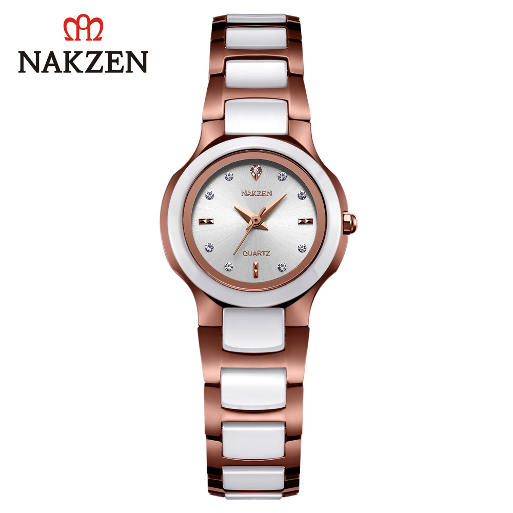 NAKZEN品牌正品轻奢镶钻女表钨钢陶瓷表带ins超火电子手表小表盘