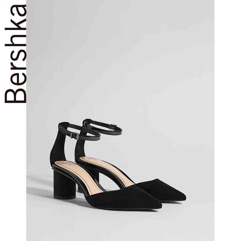 Bershka女鞋 2018秋季新款一字带黑色凉鞋高跟单鞋 11320331040