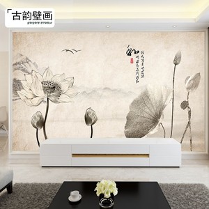 荷花电视背景墙手绘图片