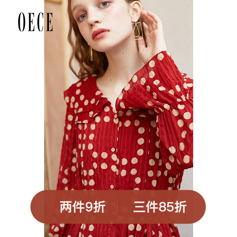 Oece2019春装新款女装 复古红色波点雪纺连衣裙女韩版气质裙子