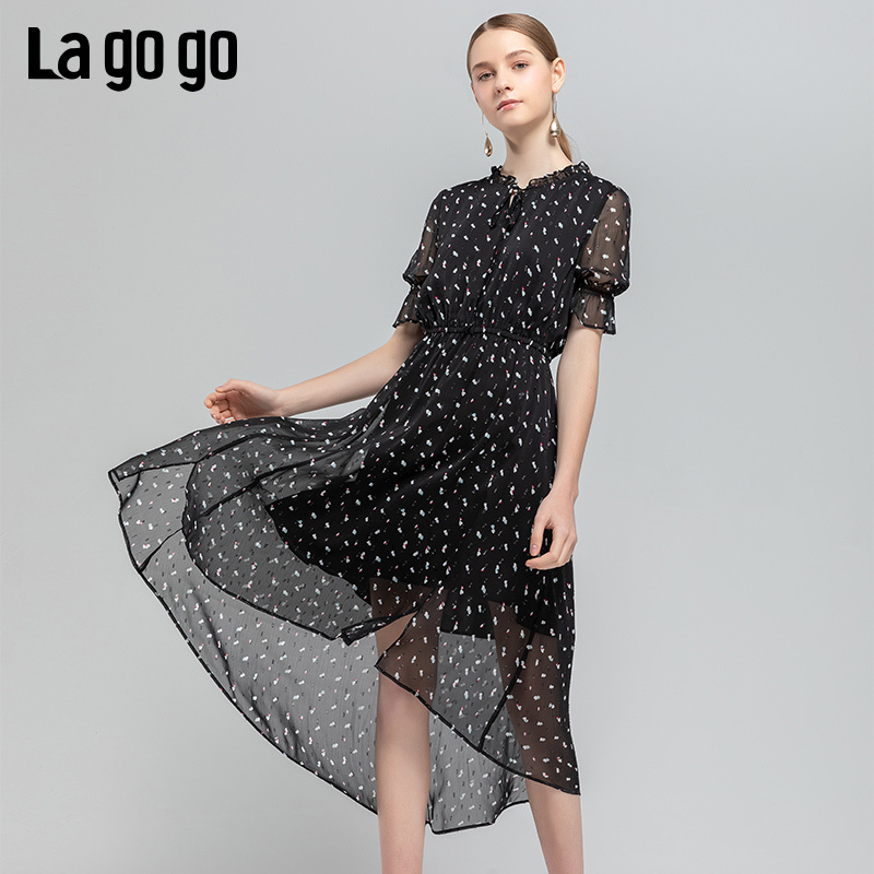 Lagogo/拉谷谷2019夏季新款收腰网纱黑色连衣裙女IALL303G88