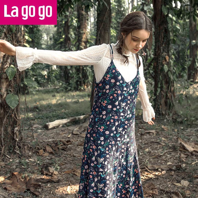 Lagogo2019春装早时尚喇叭袖蕾丝上衣两件套女吊带雪纺连衣裙