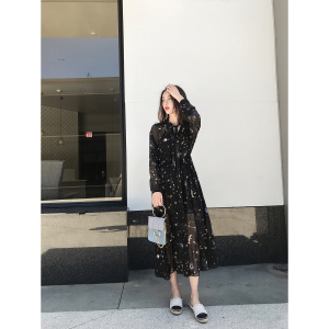 ◆MUGU◆2018新款韩版长袖超仙雪纺碎花冷淡风连衣裙子女夏中长款连衣裙